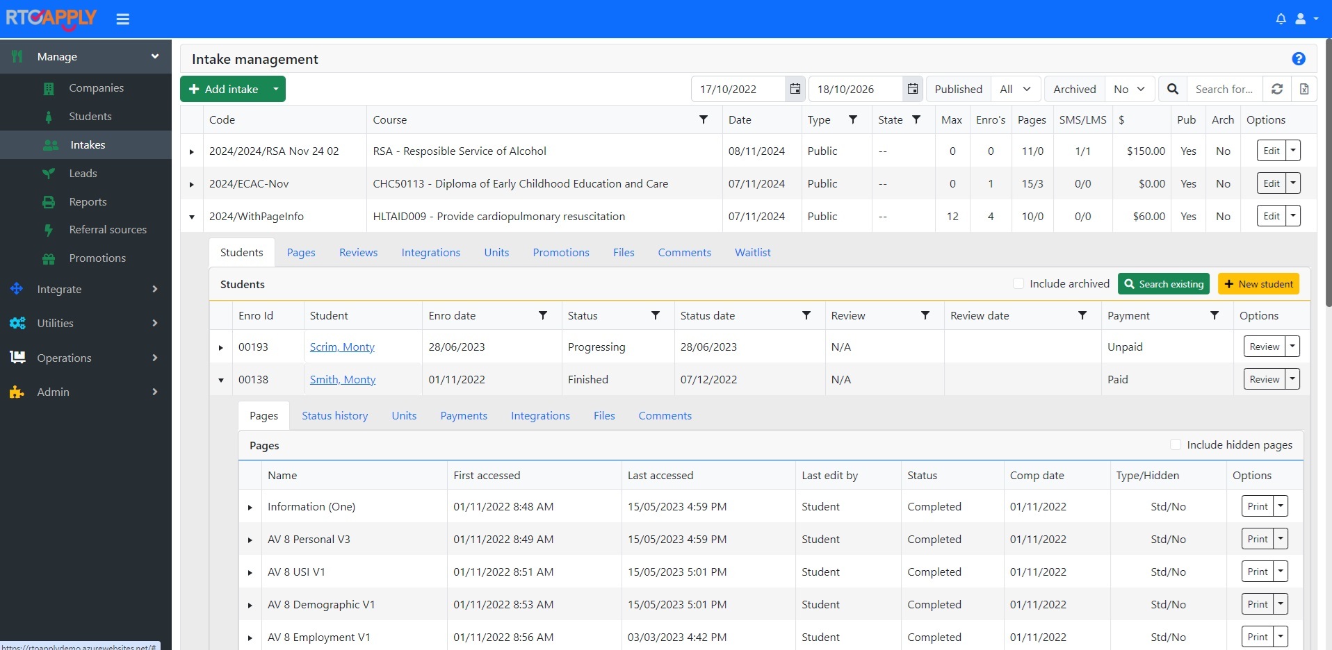 RTOApply admin intake manager screen